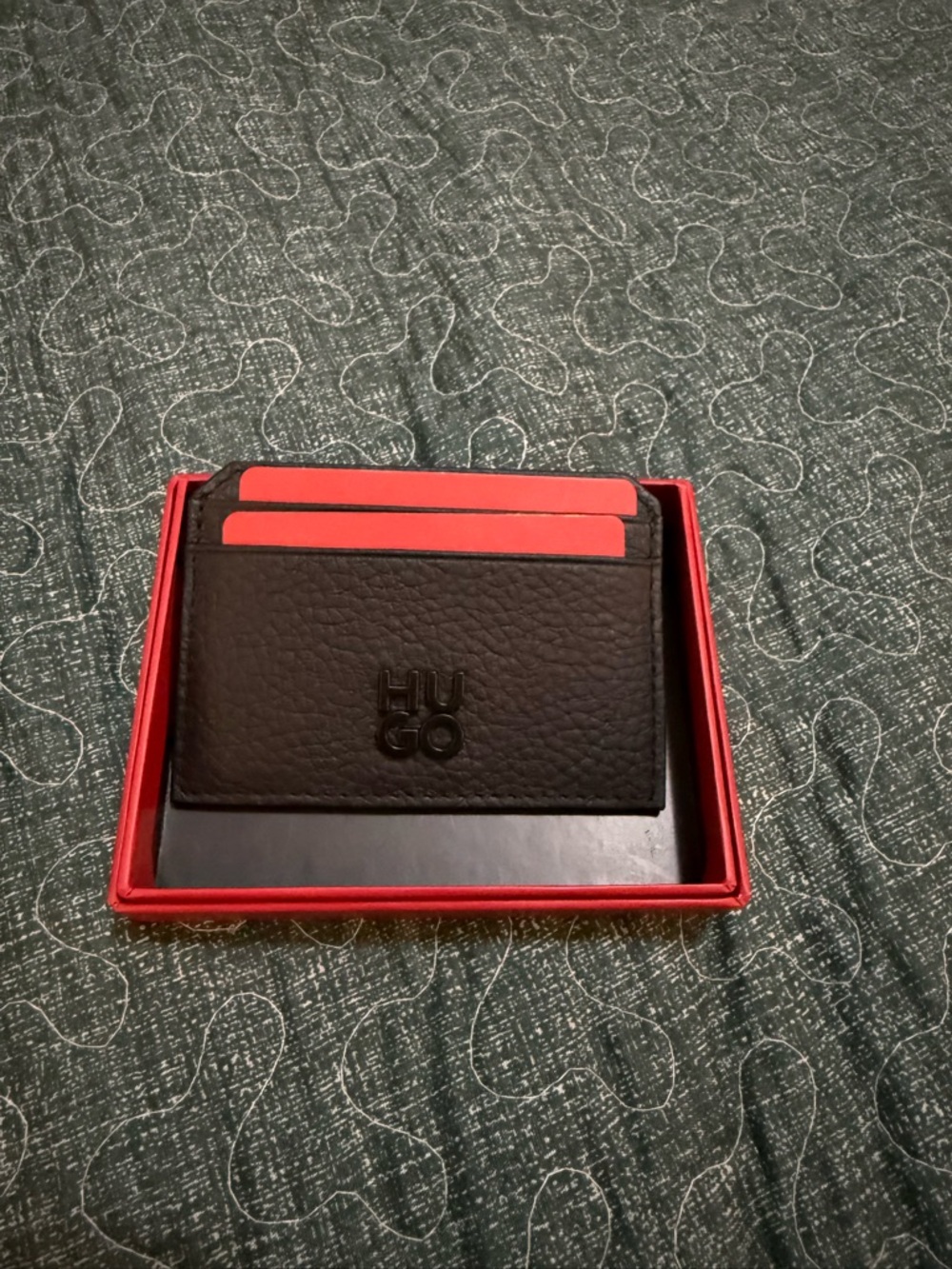 HUGO Black Leather Card & Key Holder with Red Accents